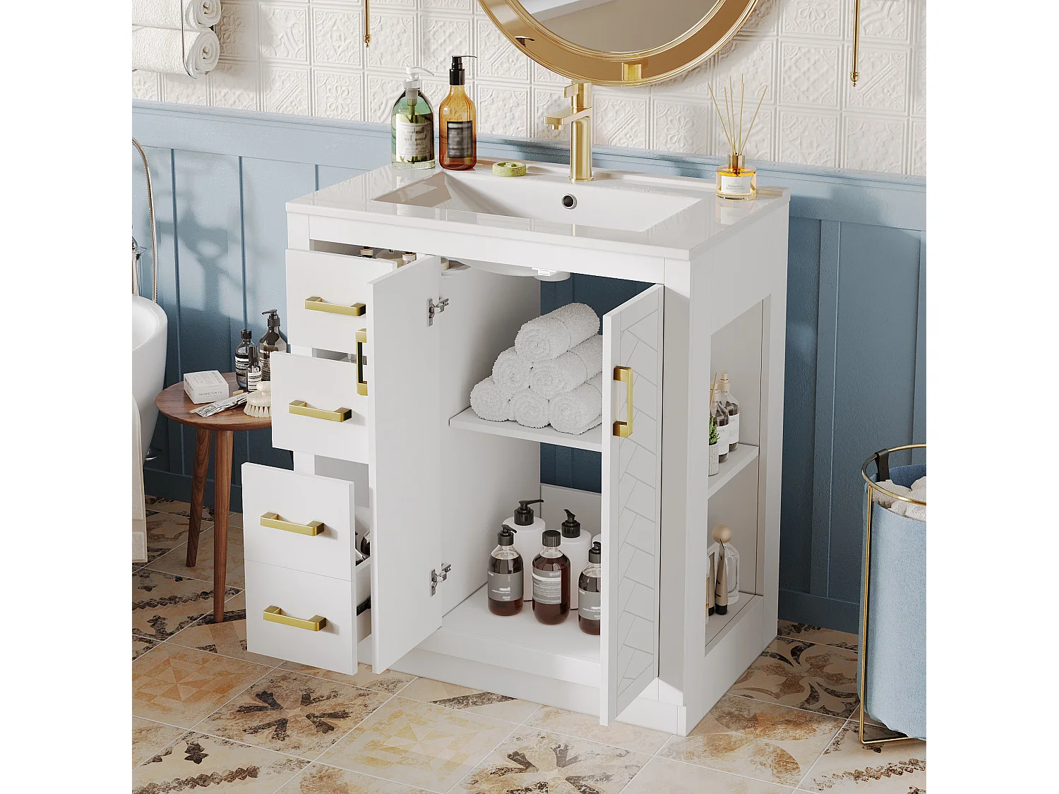 2 szafki łazienkowe z ceramiki - 76,5 x 46,5 x 84,5 cm - z 3 szufladami + półką boczną + 2 drzwiami - MDF - białe