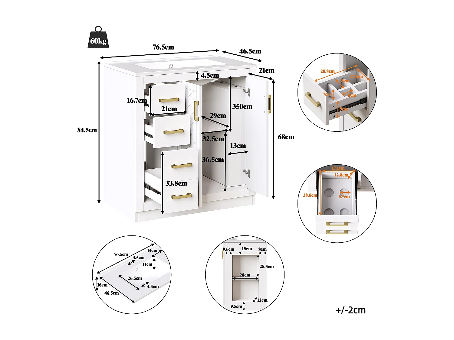 2 szafki łazienkowe z ceramiki - 76,5 x 46,5 x 84,5 cm - z 3 szufladami + półką boczną + 2 drzwiami - MDF - białe