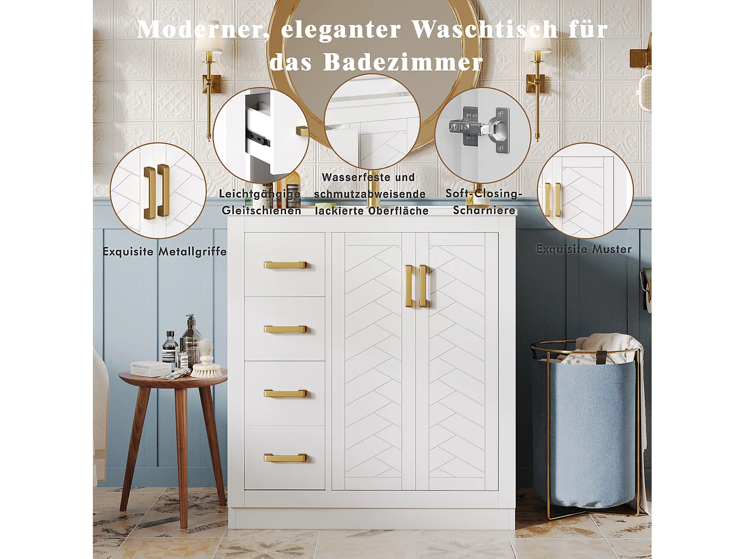 2 szafki łazienkowe z ceramiki - 76,5 x 46,5 x 84,5 cm - z 3 szufladami + półką boczną + 2 drzwiami - MDF - białe