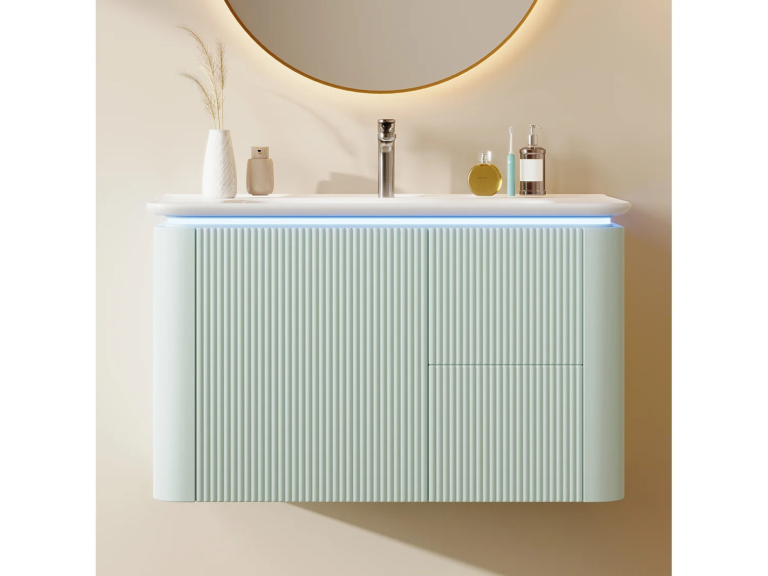 Mobile lavabo sospeso in ceramica con lavabo singolo - 80,5 x 47 x 51 cm - finitura laccata - con LED + 3 cassetti - ceramica + MDF - verde