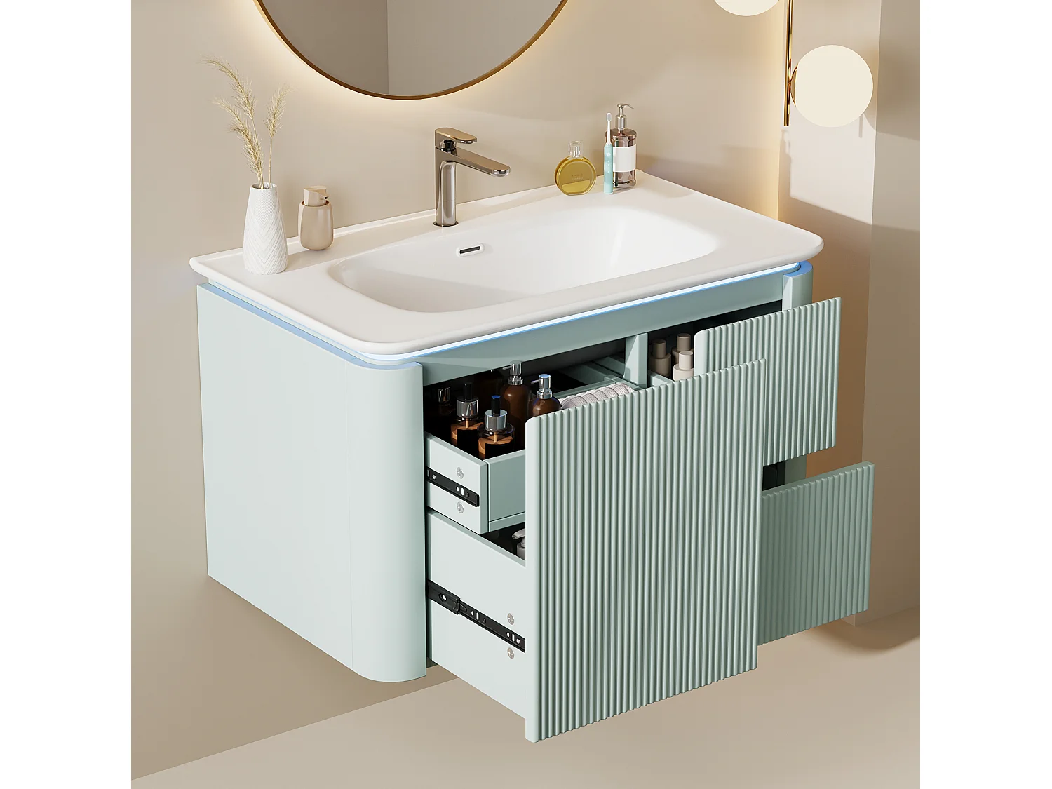 Mobile lavabo sospeso in ceramica con lavabo singolo - 80,5 x 47 x 51 cm - finitura laccata - con LED + 3 cassetti - ceramica + MDF - verde