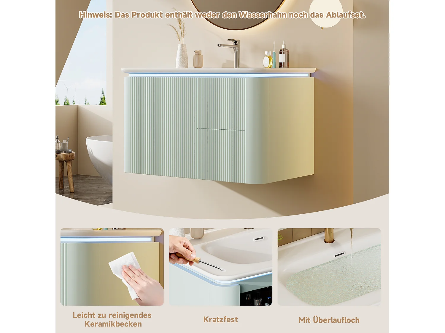 Mobile lavabo sospeso in ceramica con lavabo singolo - 80,5 x 47 x 51 cm - finitura laccata - con LED + 3 cassetti - ceramica + MDF - verde