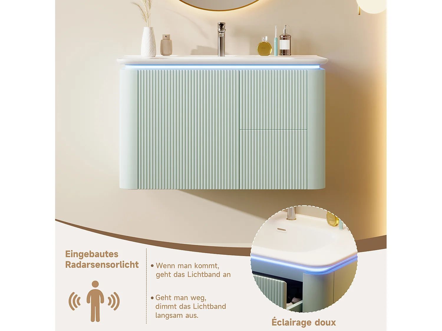 Mobile lavabo sospeso in ceramica con lavabo singolo - 80,5 x 47 x 51 cm - finitura laccata - con LED + 3 cassetti - ceramica + MDF - verde