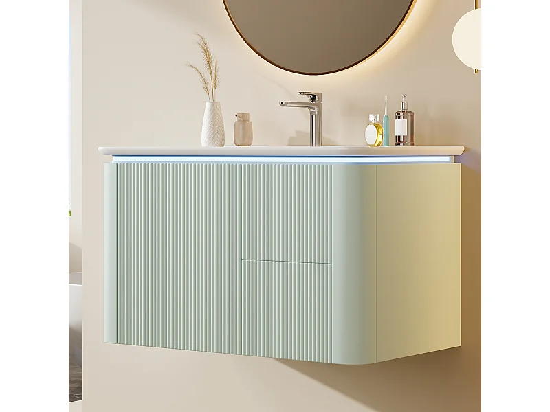 Meuble simple vasque en céramique mural - 80.5 x 47 x 51 cm - finition laquée - avec Leds + 3 tiroir - céramique + MDF - vert