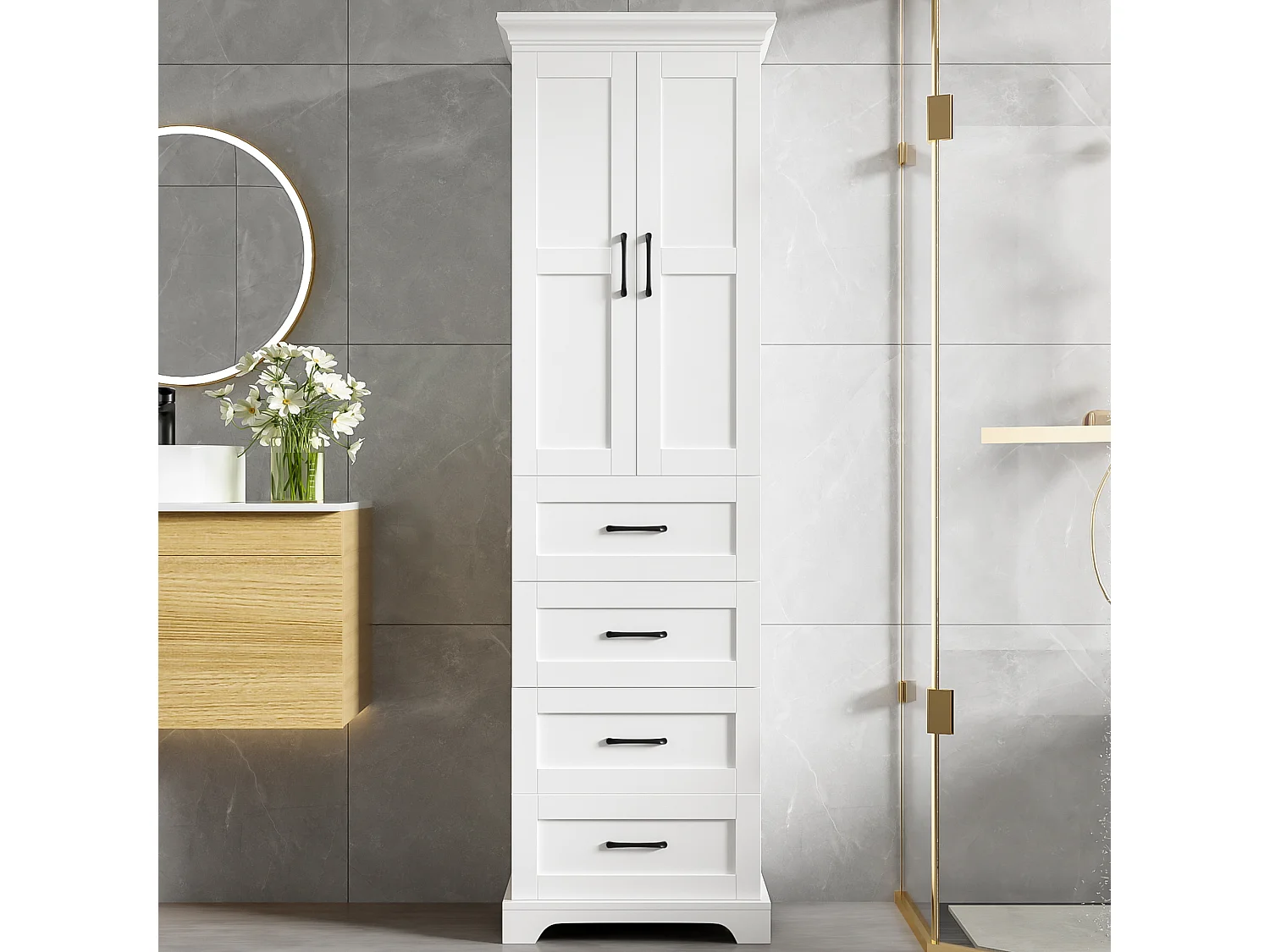 Mobile alto da bagno - 57 x 38 x 180 cm - con 3 cassetti + 2 ante - 3 ripiani regolabili - MDF - bianco