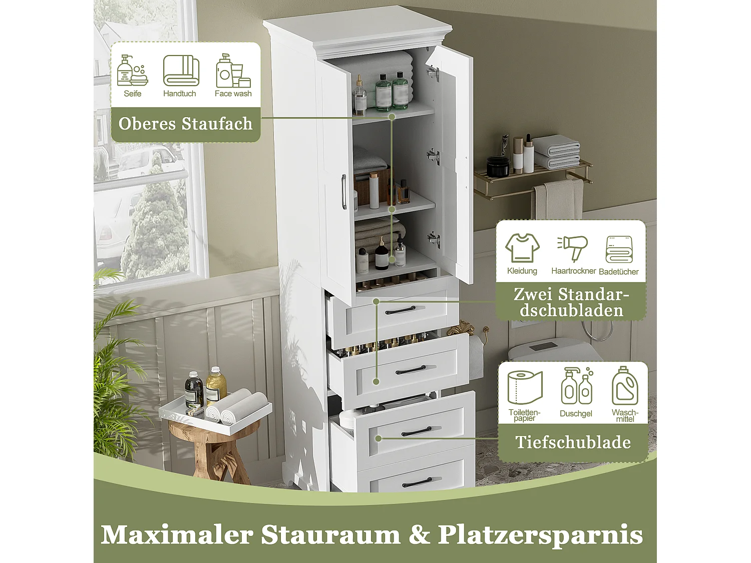 Mobile alto da bagno - 57 x 38 x 180 cm - con 3 cassetti + 2 ante - 3 ripiani regolabili - MDF - bianco