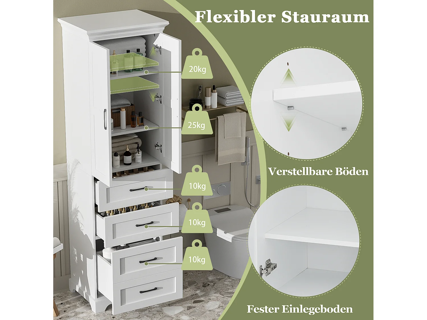 Mobile alto da bagno - 57 x 38 x 180 cm - con 3 cassetti + 2 ante - 3 ripiani regolabili - MDF - bianco