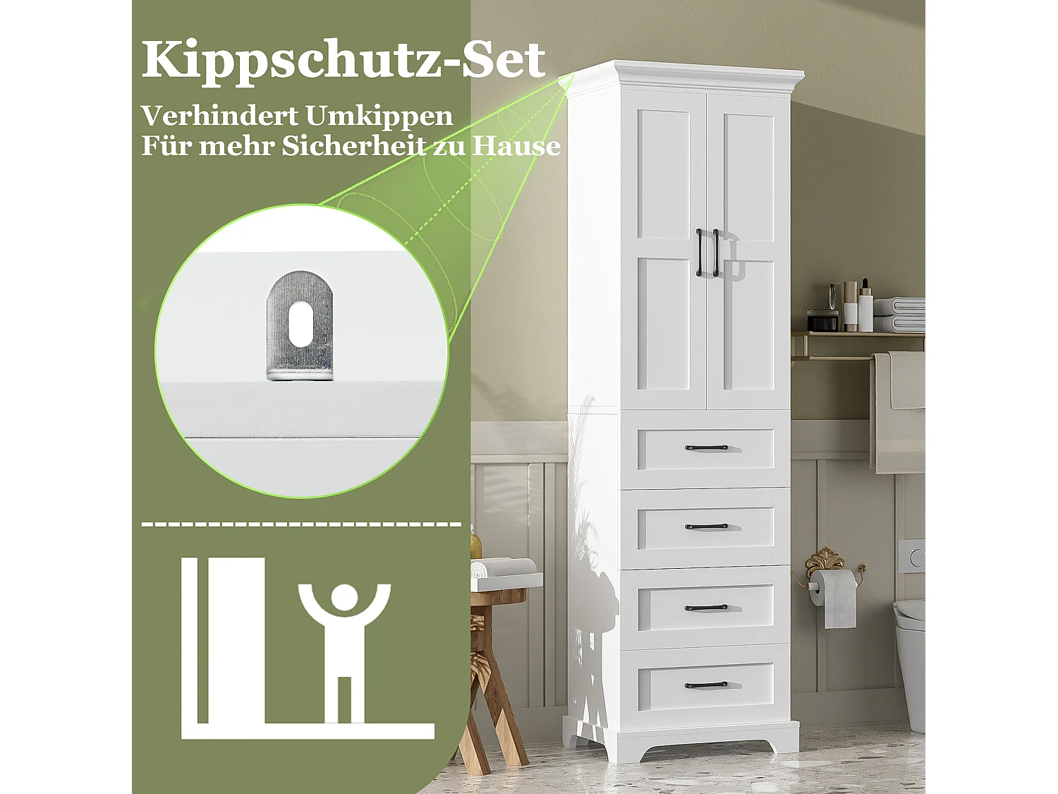 Mobile alto da bagno - 57 x 38 x 180 cm - con 3 cassetti + 2 ante - 3 ripiani regolabili - MDF - bianco