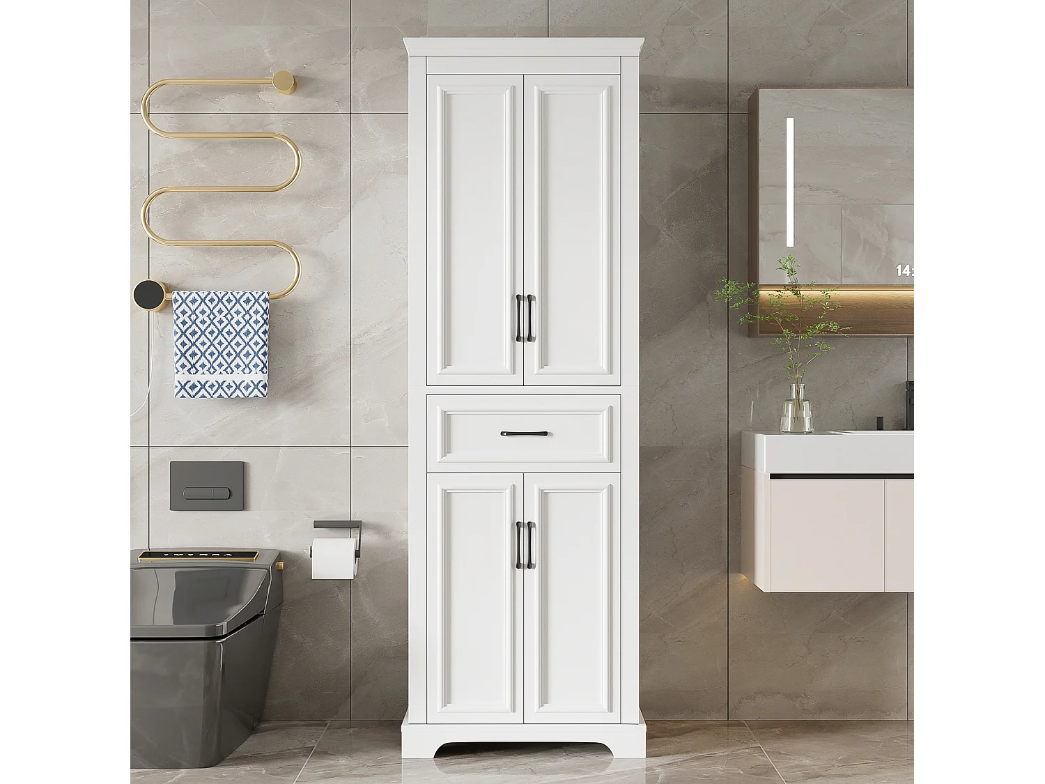 Colonne de salle de bain laquée - 60 x 40 x 180 cm - avec 1 tiroir + 4 portes - MDF - blanc