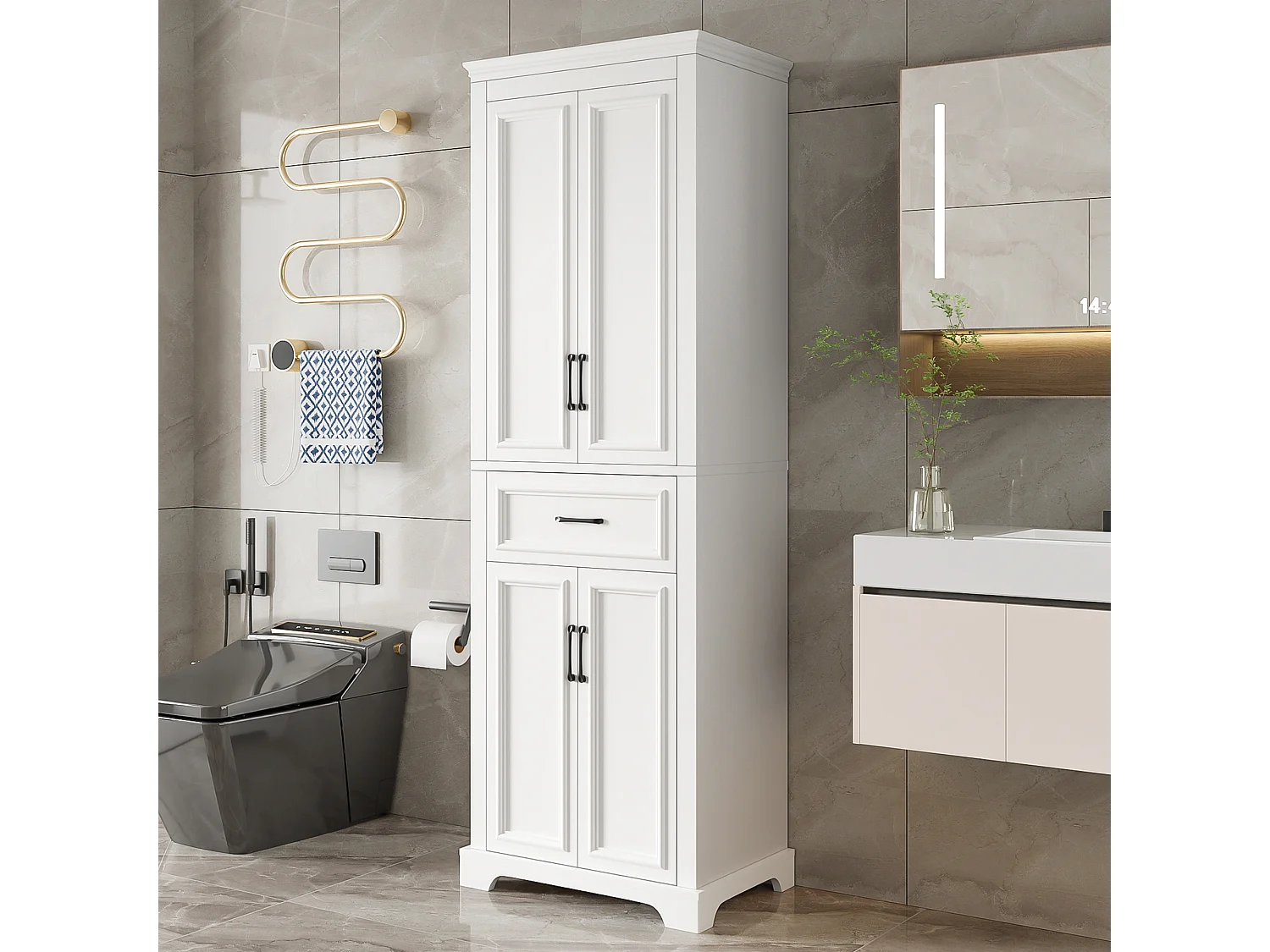 Colonne de salle de bain laquée - 60 x 40 x 180 cm - avec 1 tiroir + 4 portes - MDF - blanc
