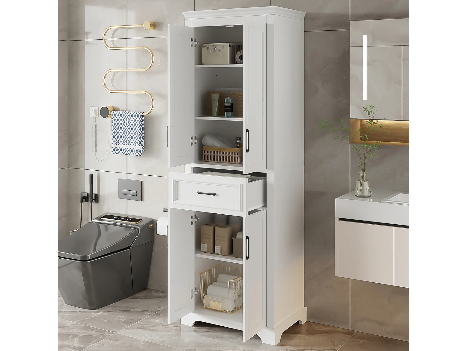 Colonne de salle de bain laquée - 60 x 40 x 180 cm - avec 1 tiroir + 4 portes - MDF - blanc