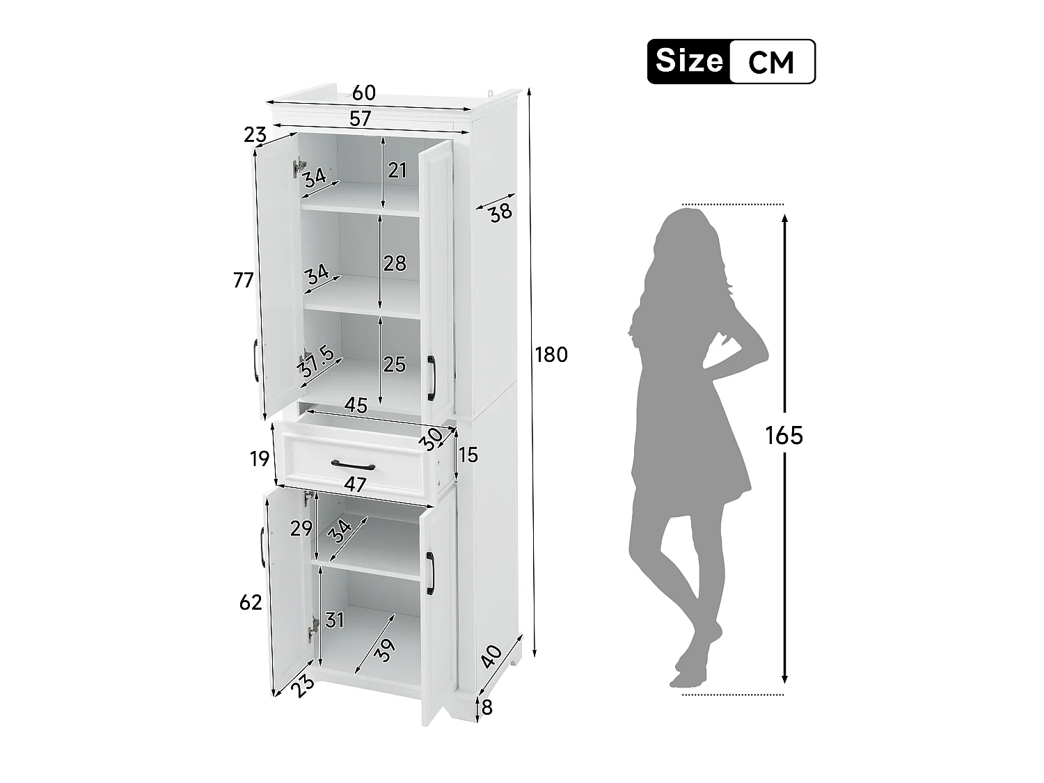 Colonne de salle de bain laquée - 60 x 40 x 180 cm - avec 1 tiroir + 4 portes - MDF - blanc