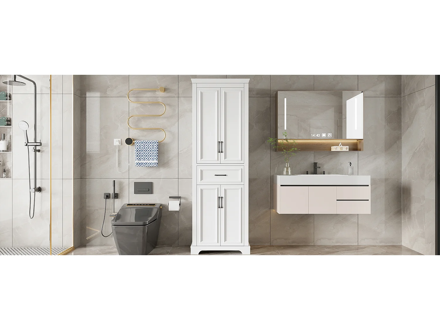 Colonne de salle de bain laquée - 60 x 40 x 180 cm - avec 1 tiroir + 4 portes - MDF - blanc