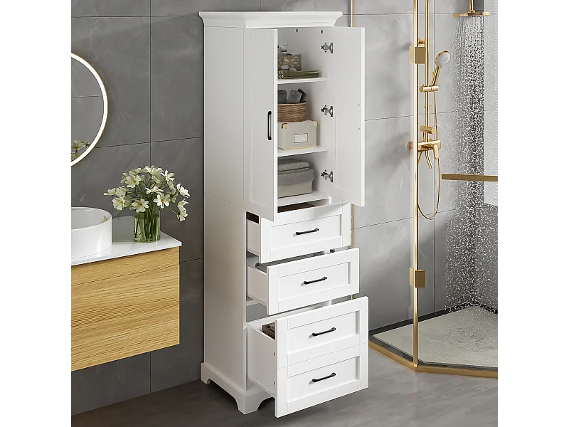 Hoher Badezimmerschrank – 57 x 38 x 180 cm – mit 3 Schubladen + 2 Türen – 3 verstellbare Einlegeböden – MDF – weiß