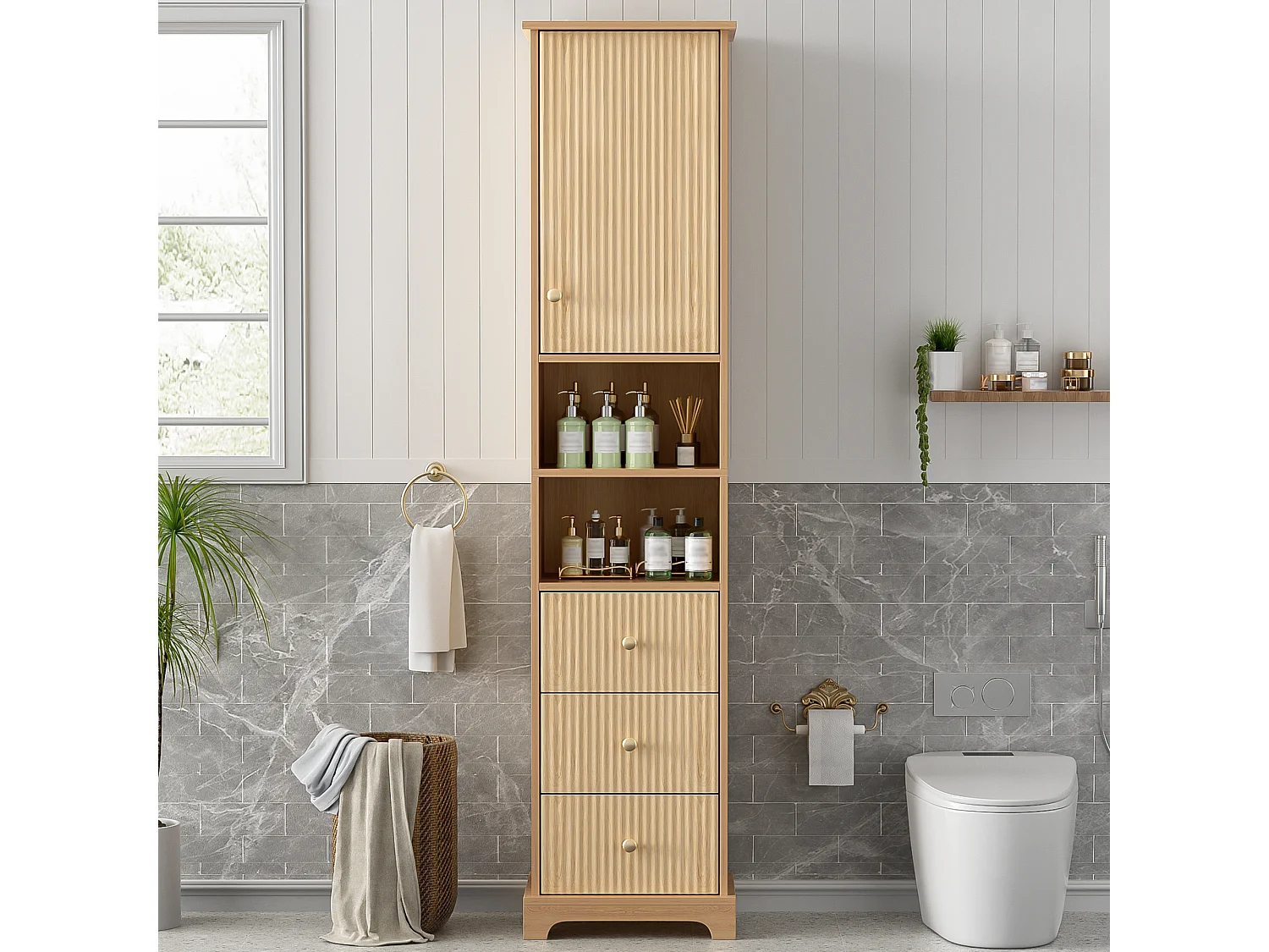 Meuble de salle de bain - 40 x 30 x 172 cm - motif à rayures verticales - avec 3 tiroirs + 2 étagères - MDF - naturel