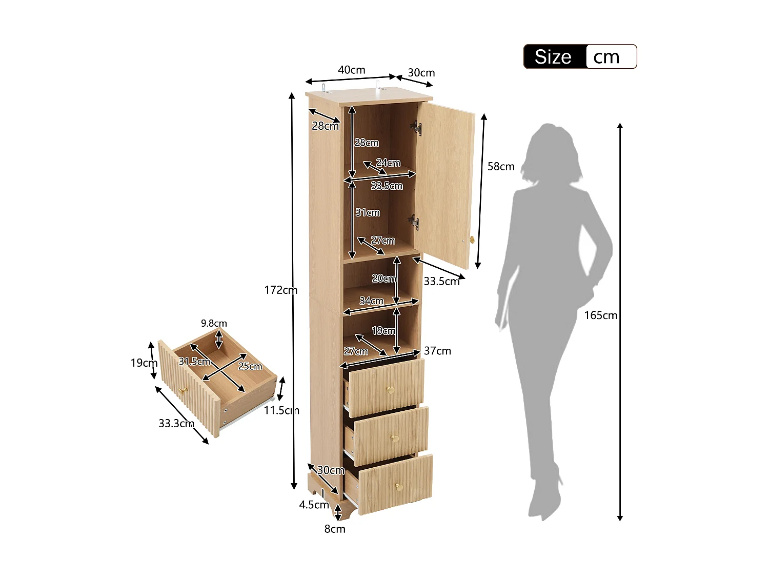 Meuble de salle de bain - 40 x 30 x 172 cm - motif à rayures verticales - avec 3 tiroirs + 2 étagères - MDF - naturel