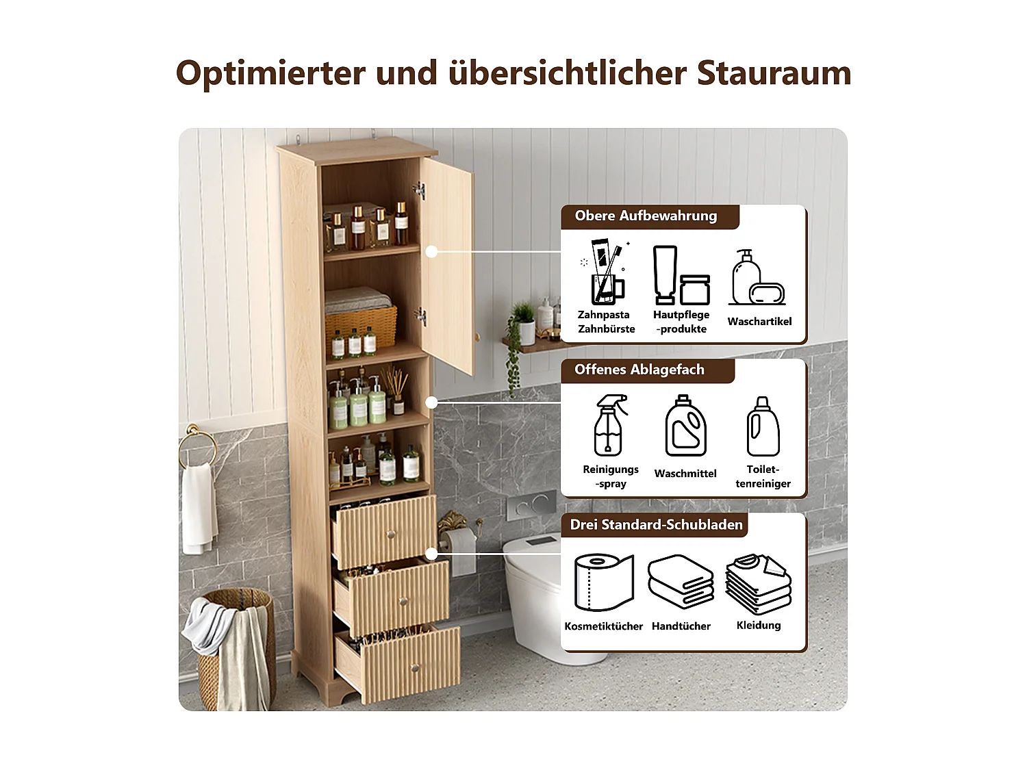 Meuble de salle de bain - 40 x 30 x 172 cm - motif à rayures verticales - avec 3 tiroirs + 2 étagères - MDF - naturel