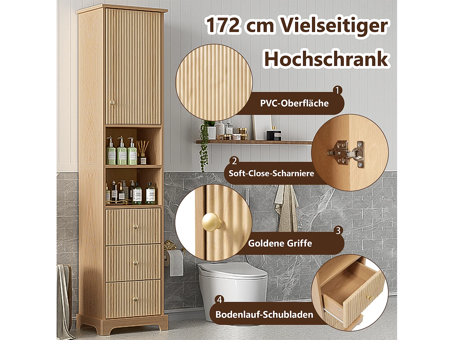 Meuble de salle de bain - 40 x 30 x 172 cm - motif à rayures verticales - avec 3 tiroirs + 2 étagères - MDF - naturel