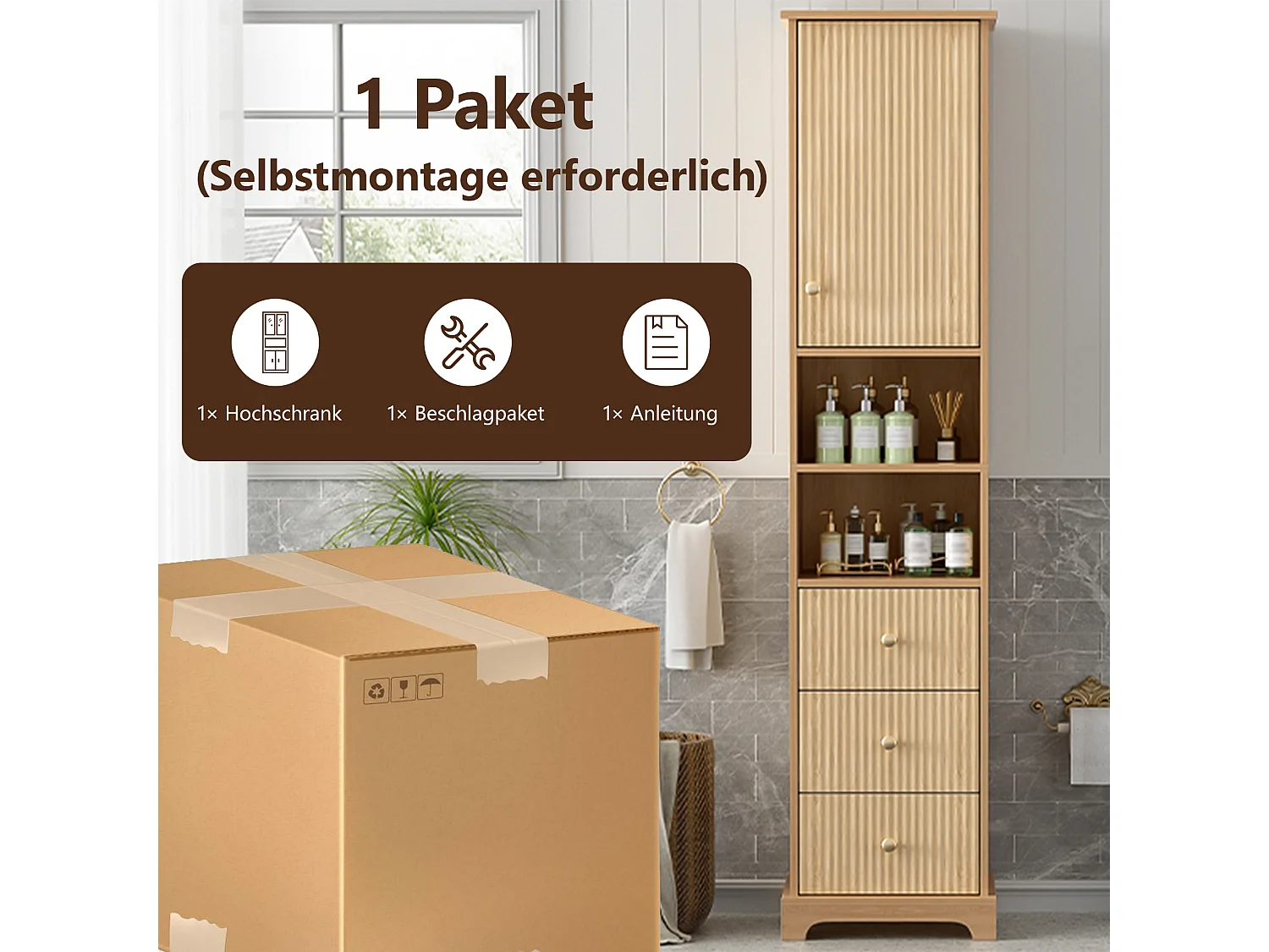 Meuble de salle de bain - 40 x 30 x 172 cm - motif à rayures verticales - avec 3 tiroirs + 2 étagères - MDF - naturel