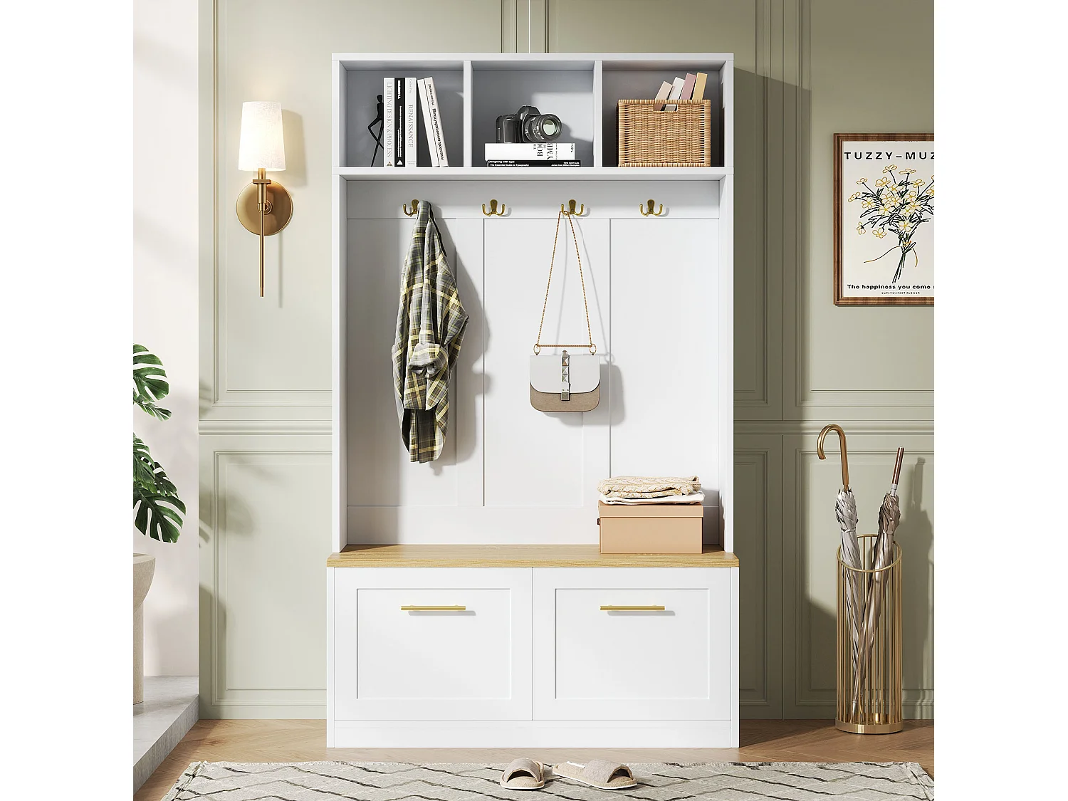 Kleiderschrank-/Spind-Set – 105 x 40 x 180 cm – mit Sitzbank, offenem Stauraum, 2 Türen und 4 Haken – MDF und Spanplatte – weiß