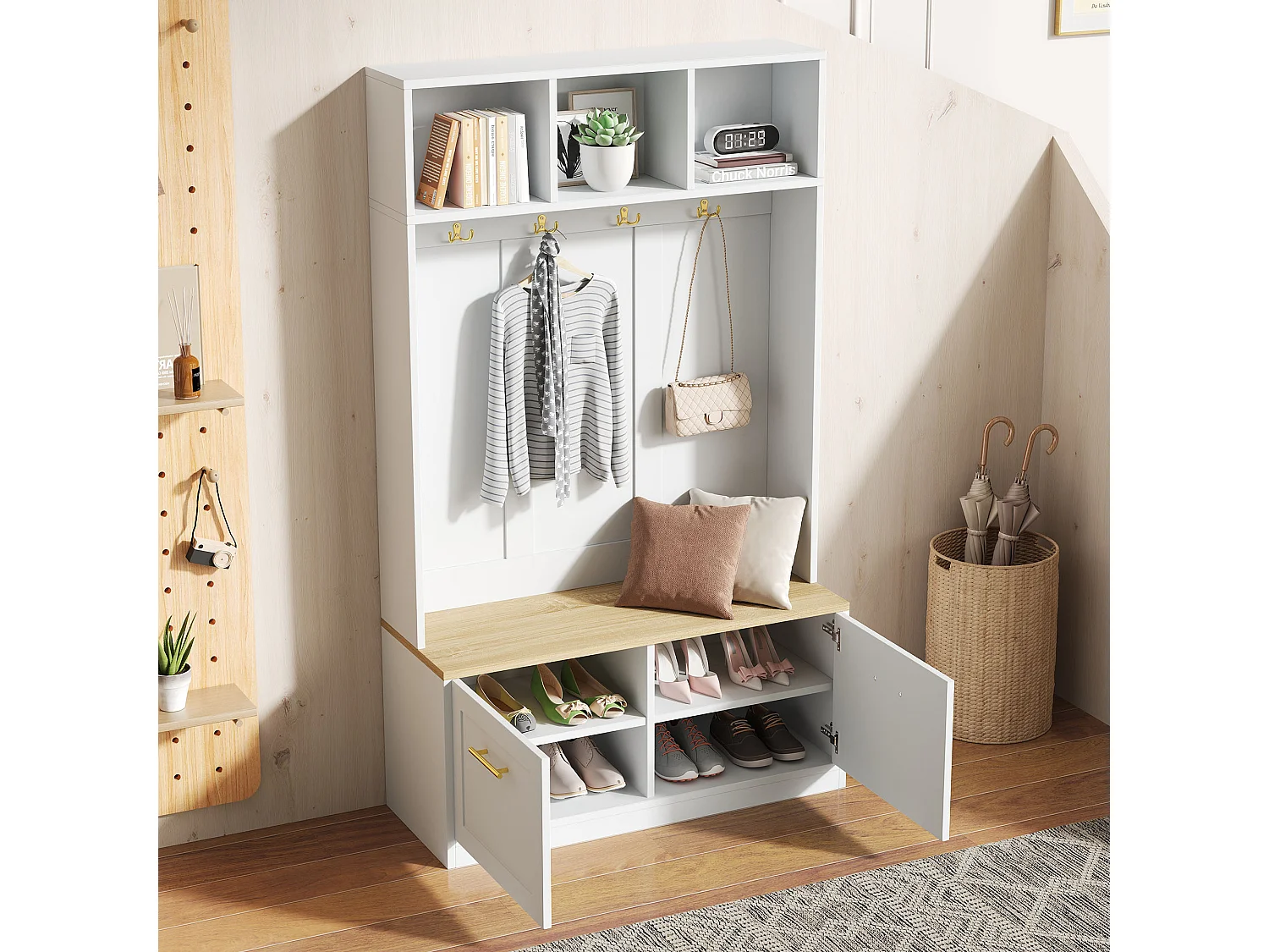 Kleiderschrank-/Spind-Set – 105 x 40 x 180 cm – mit Sitzbank, offenem Stauraum, 2 Türen und 4 Haken – MDF und Spanplatte – weiß