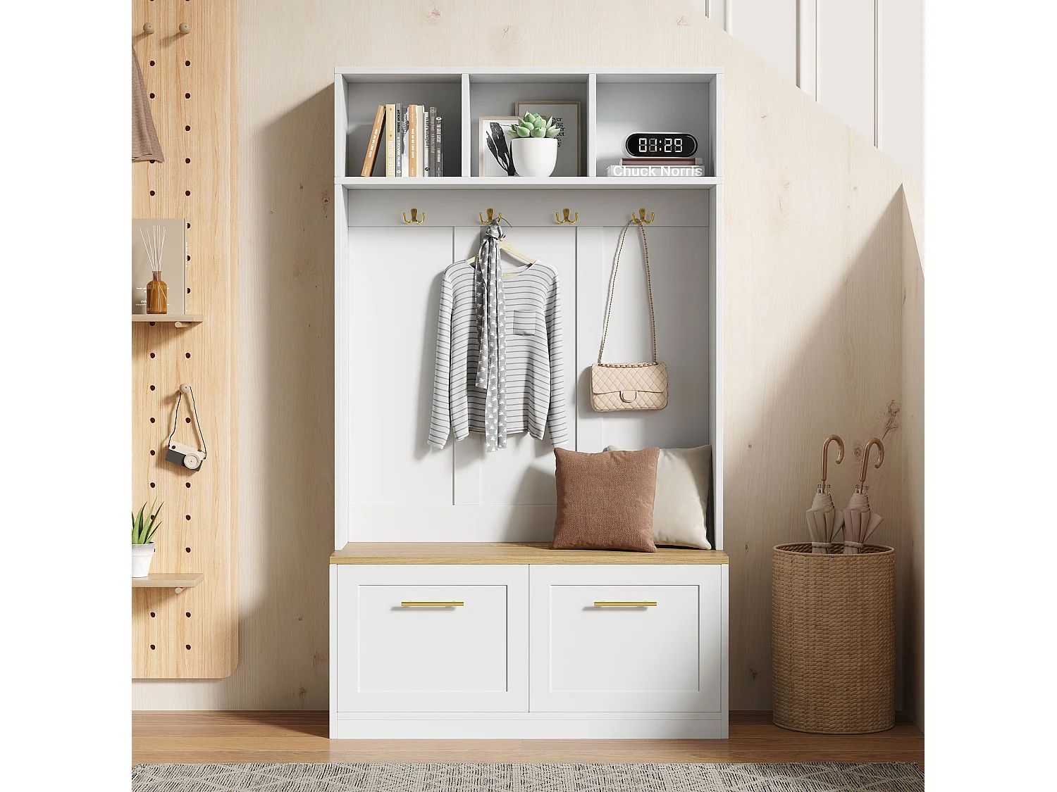 Kleiderschrank-/Spind-Set – 105 x 40 x 180 cm – mit Sitzbank, offenem Stauraum, 2 Türen und 4 Haken – MDF und Spanplatte – weiß