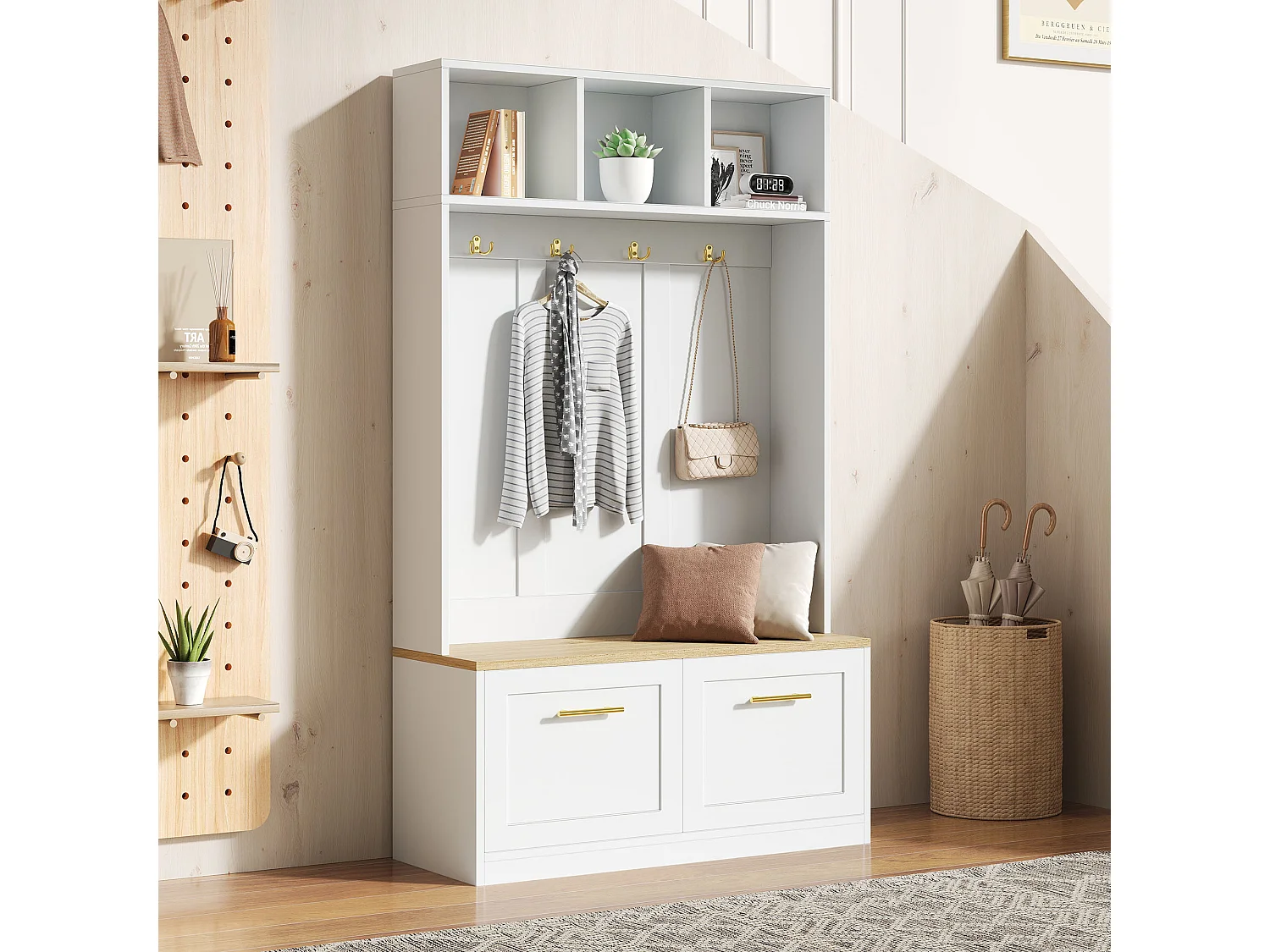 Kleiderschrank-/Spind-Set – 105 x 40 x 180 cm – mit Sitzbank, offenem Stauraum, 2 Türen und 4 Haken – MDF und Spanplatte – weiß