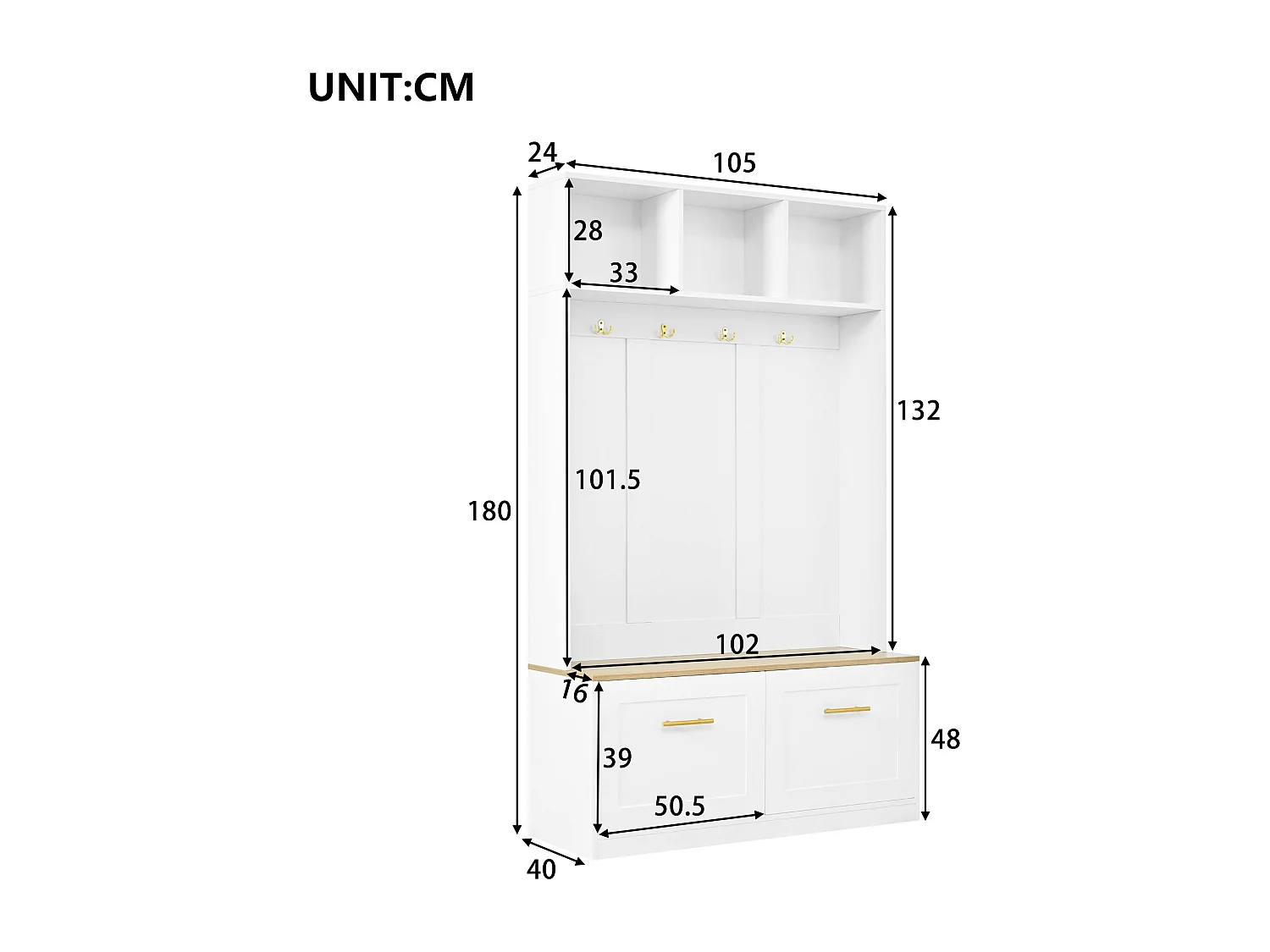 Kleiderschrank-/Spind-Set – 105 x 40 x 180 cm – mit Sitzbank, offenem Stauraum, 2 Türen und 4 Haken – MDF und Spanplatte – weiß