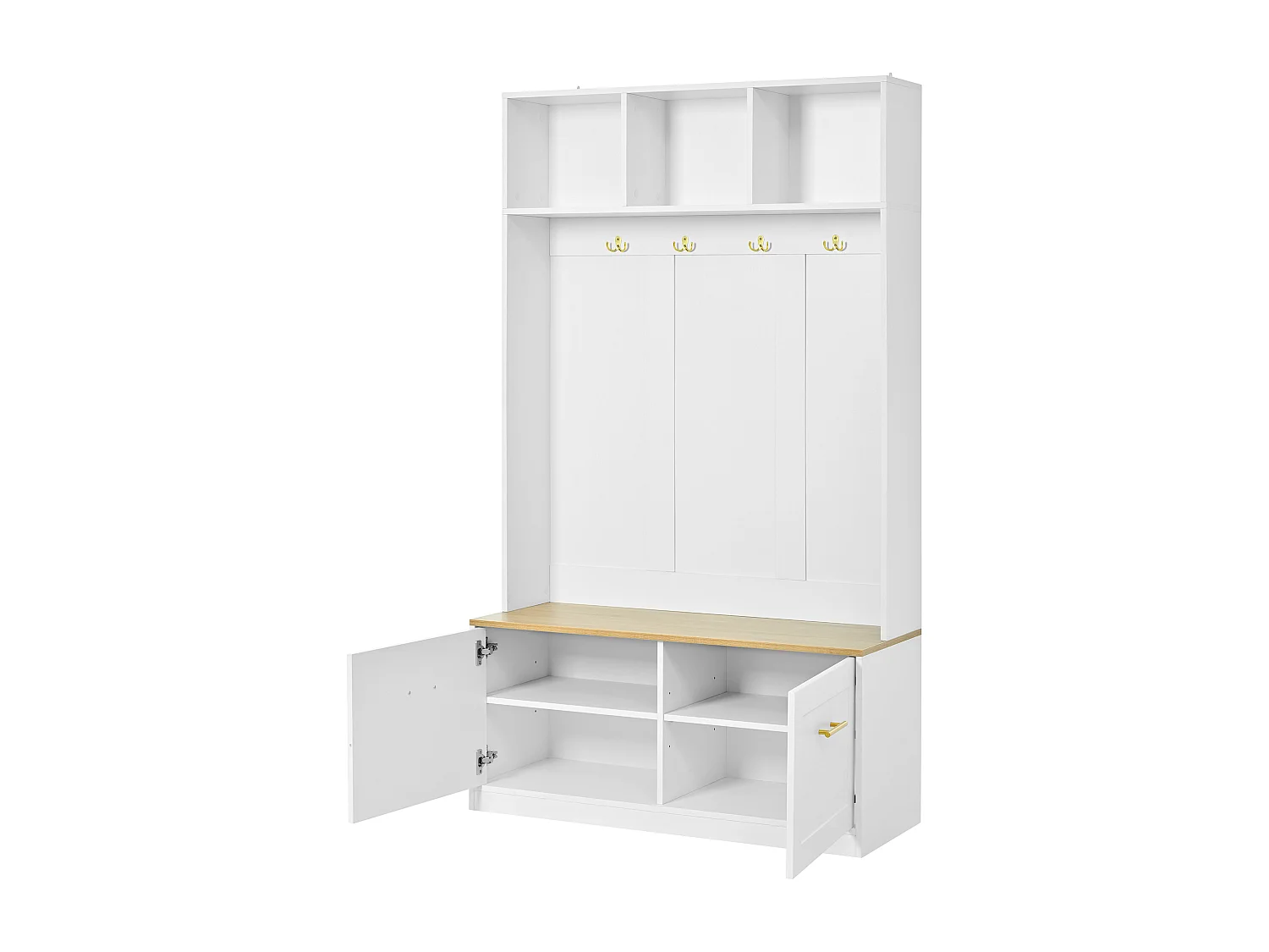 Kleiderschrank-/Spind-Set – 105 x 40 x 180 cm – mit Sitzbank, offenem Stauraum, 2 Türen und 4 Haken – MDF und Spanplatte – weiß
