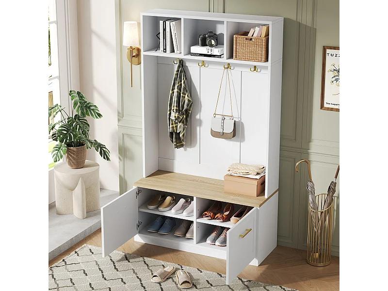 Kleiderschrank-/Spind-Set – 105 x 40 x 180 cm – mit Sitzbank, offenem Stauraum, 2 Türen und 4 Haken – MDF und Spanplatte – weiß