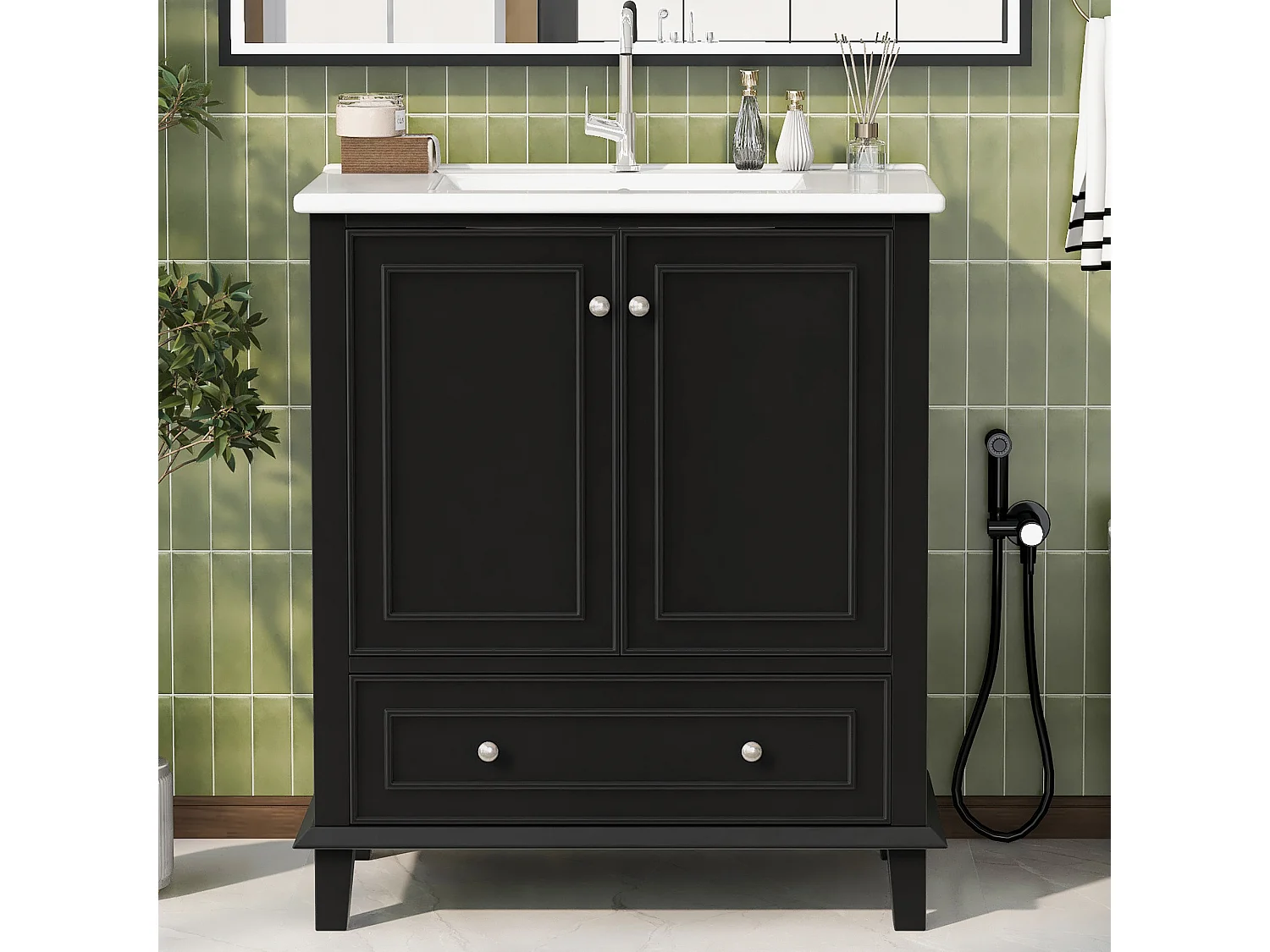 Meuble simple vasque en céramique intégrée - 73 x 46 x 87 cm - avec 1 tiroir + 2 portes - céramique + MDF - noir