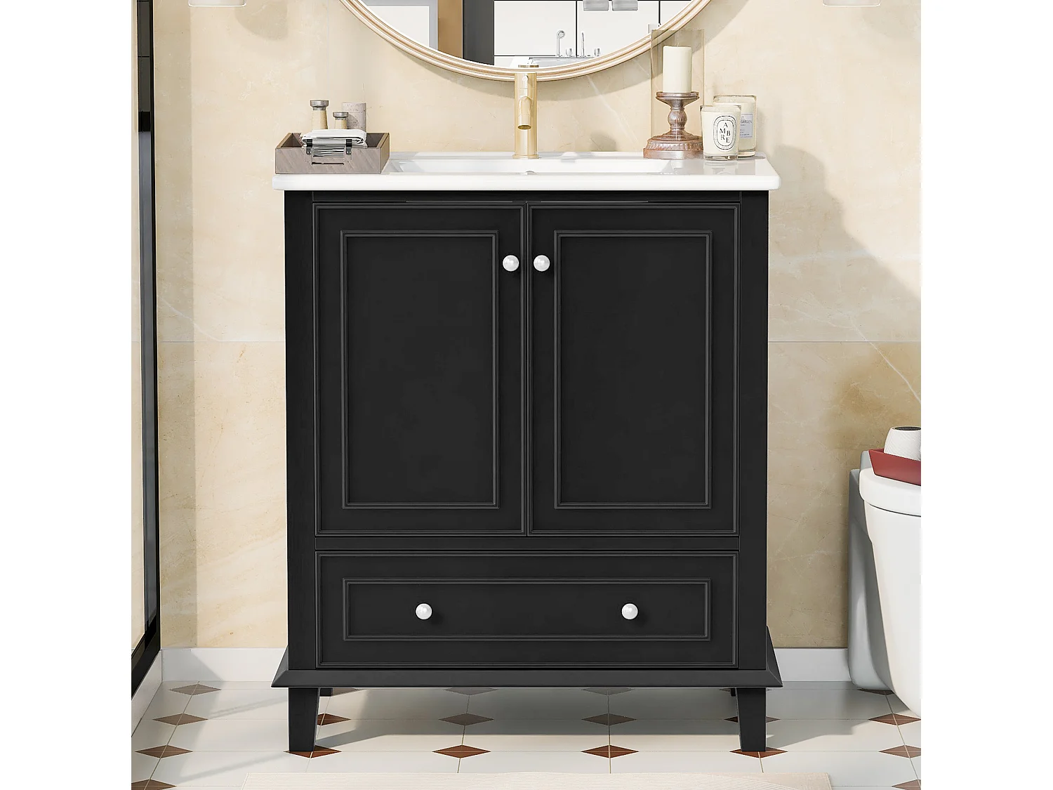 Meuble simple vasque en céramique intégrée - 73 x 46 x 87 cm - avec 1 tiroir + 2 portes - céramique + MDF - noir