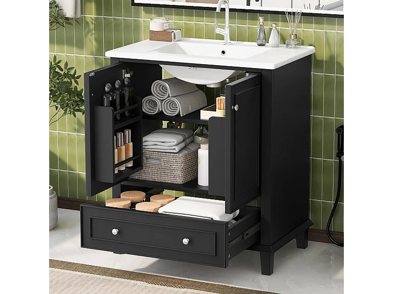 Meuble simple vasque en céramique intégrée - 73 x 46 x 87 cm - avec 1 tiroir + 2 portes - céramique + MDF - noir