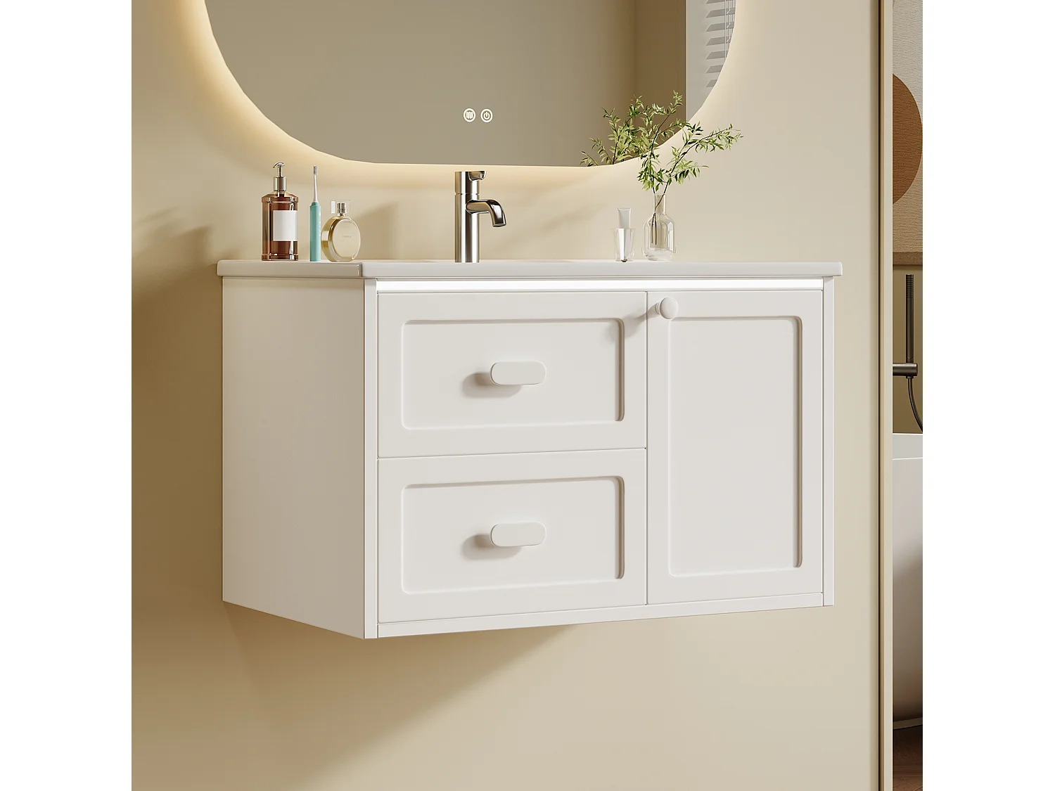 Meuble simple vasque en céramique mural - 76 x 46 x 51 cm - finition laquée - avec Leds + 2 tiroir + porte - céramique + MDF - blanc