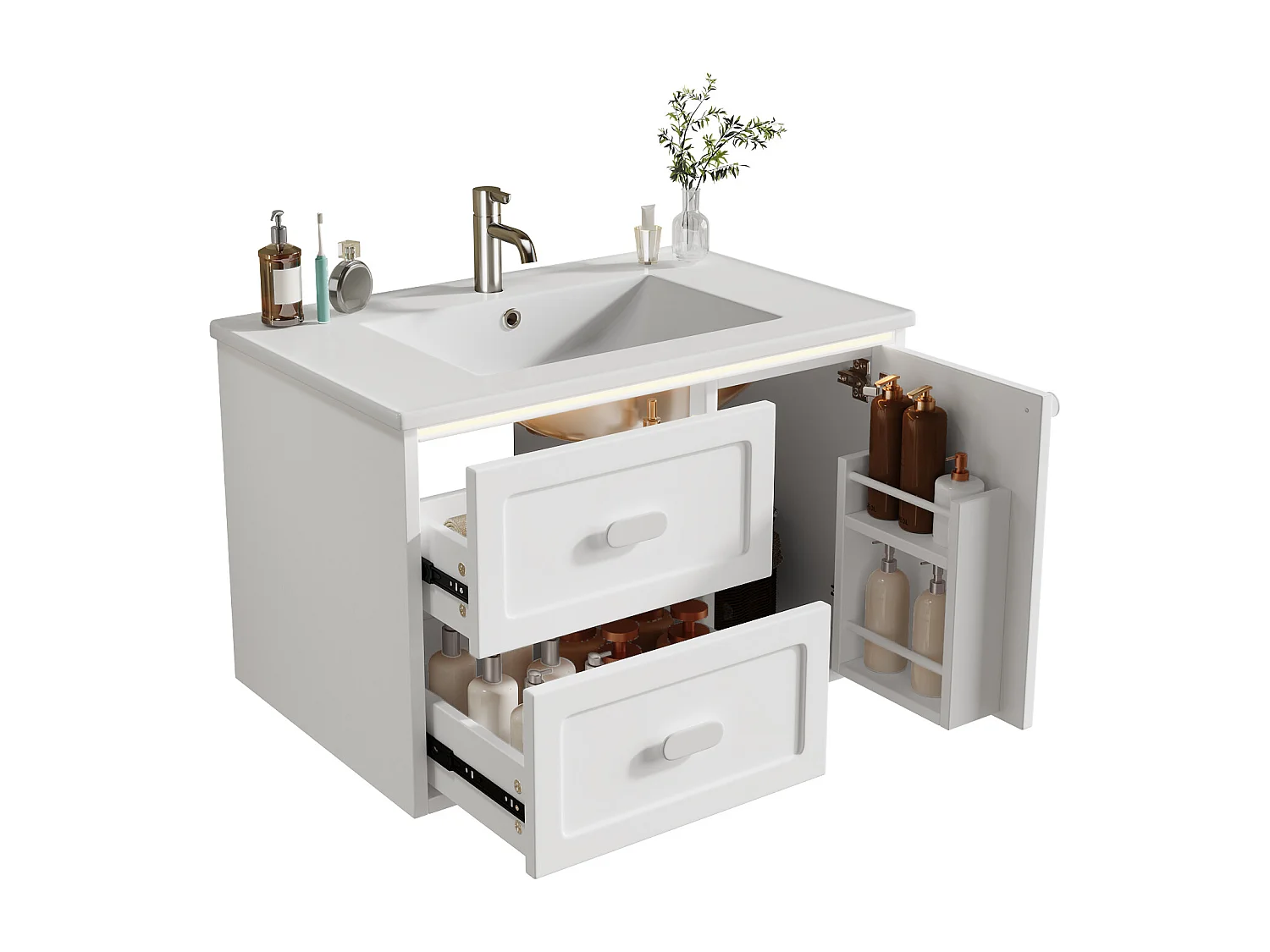 Meuble simple vasque en céramique mural - 76 x 46 x 51 cm - finition laquée - avec Leds + 2 tiroir + porte - céramique + MDF - blanc