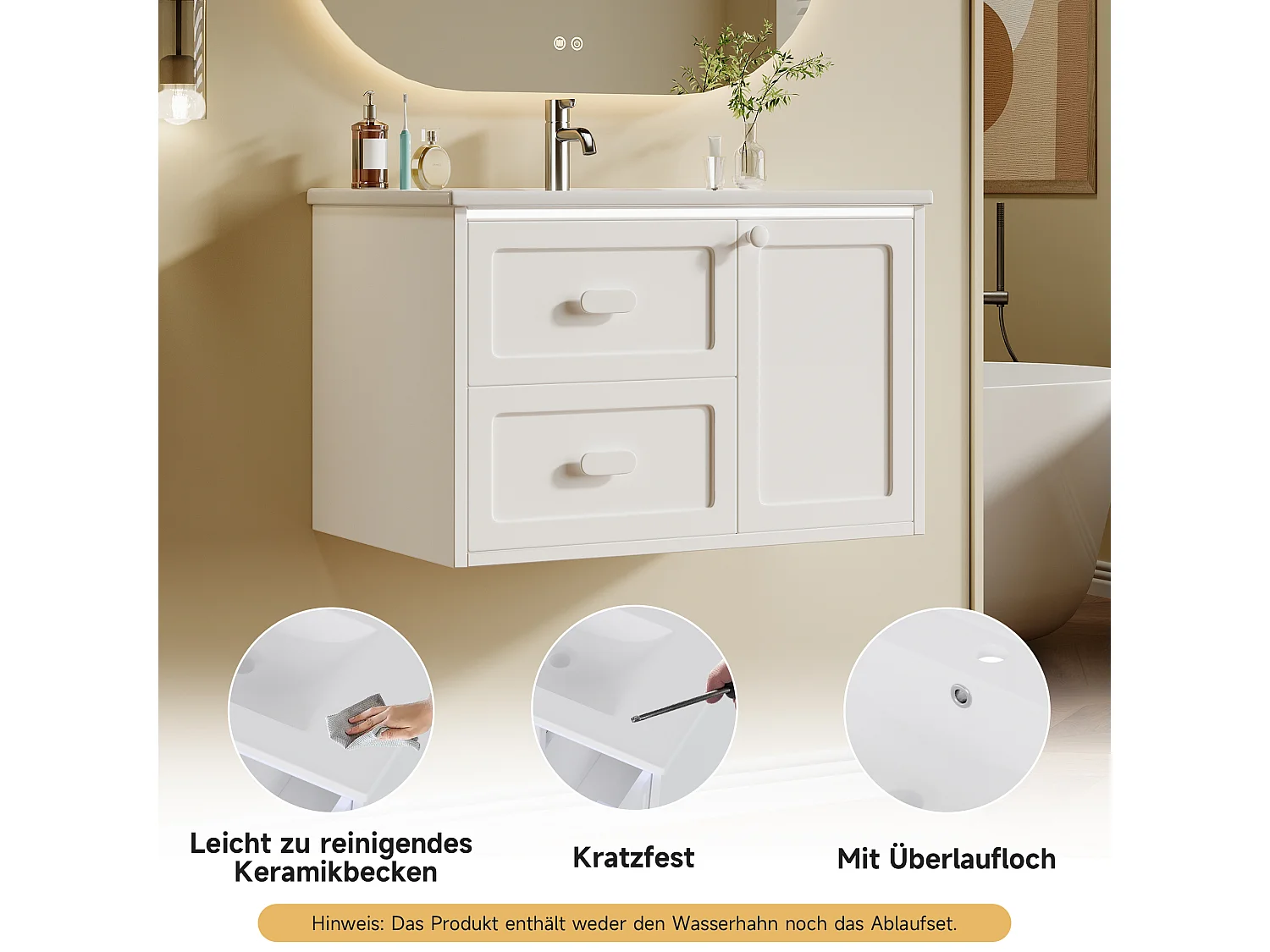 Meuble simple vasque en céramique mural - 76 x 46 x 51 cm - finition laquée - avec Leds + 2 tiroir + porte - céramique + MDF - blanc