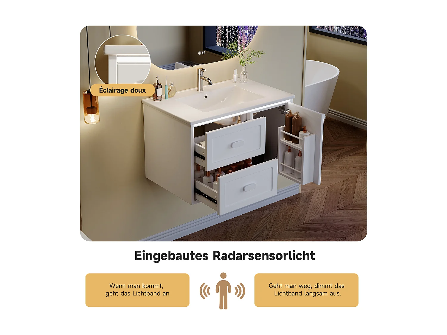 Meuble simple vasque en céramique mural - 76 x 46 x 51 cm - finition laquée - avec Leds + 2 tiroir + porte - céramique + MDF - blanc