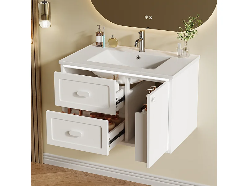 Mueble bajo lavabo suspendido de un seno cerámico - 76 x 46 x 51 cm - acabado lacado - con LEDs + 2 cajones + puerta - cerámica + MDF - blanco