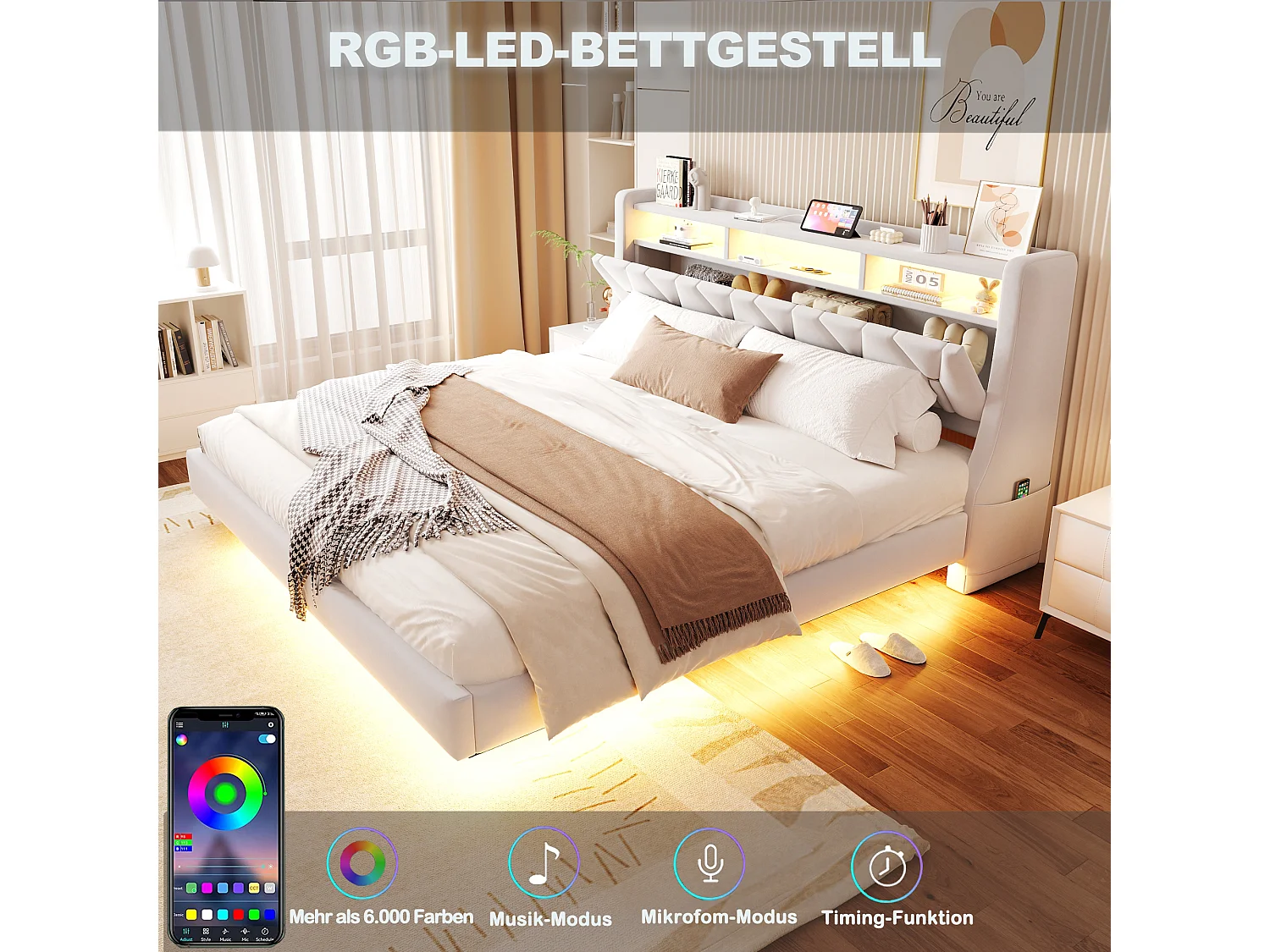 Gestoffeerd tweepersoonsbed - 180 x 200 cm - neerklapbaar gestoffeerd hoofdeinde met opbergruimte + LED-verlichting - MDF - beige