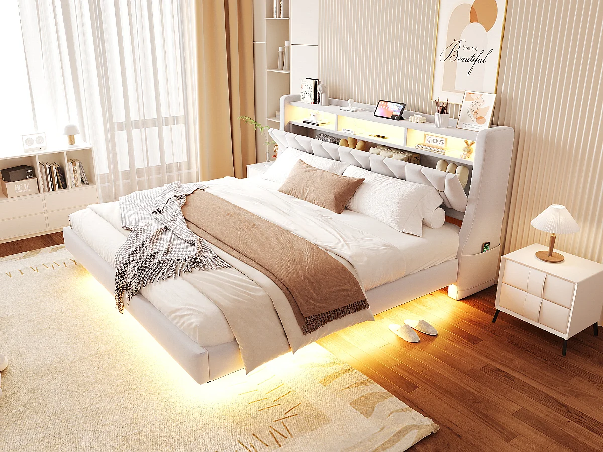 Gestoffeerd tweepersoonsbed - 180 x 200 cm - neerklapbaar gestoffeerd hoofdeinde met opbergruimte + LED-verlichting - MDF - beige