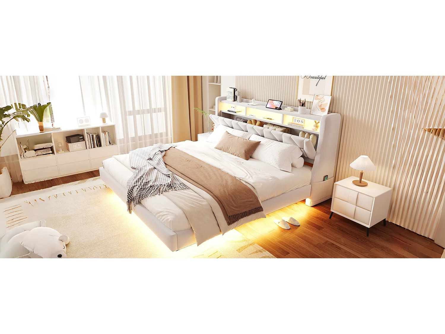 Gestoffeerd tweepersoonsbed - 180 x 200 cm - neerklapbaar gestoffeerd hoofdeinde met opbergruimte + LED-verlichting - MDF - beige