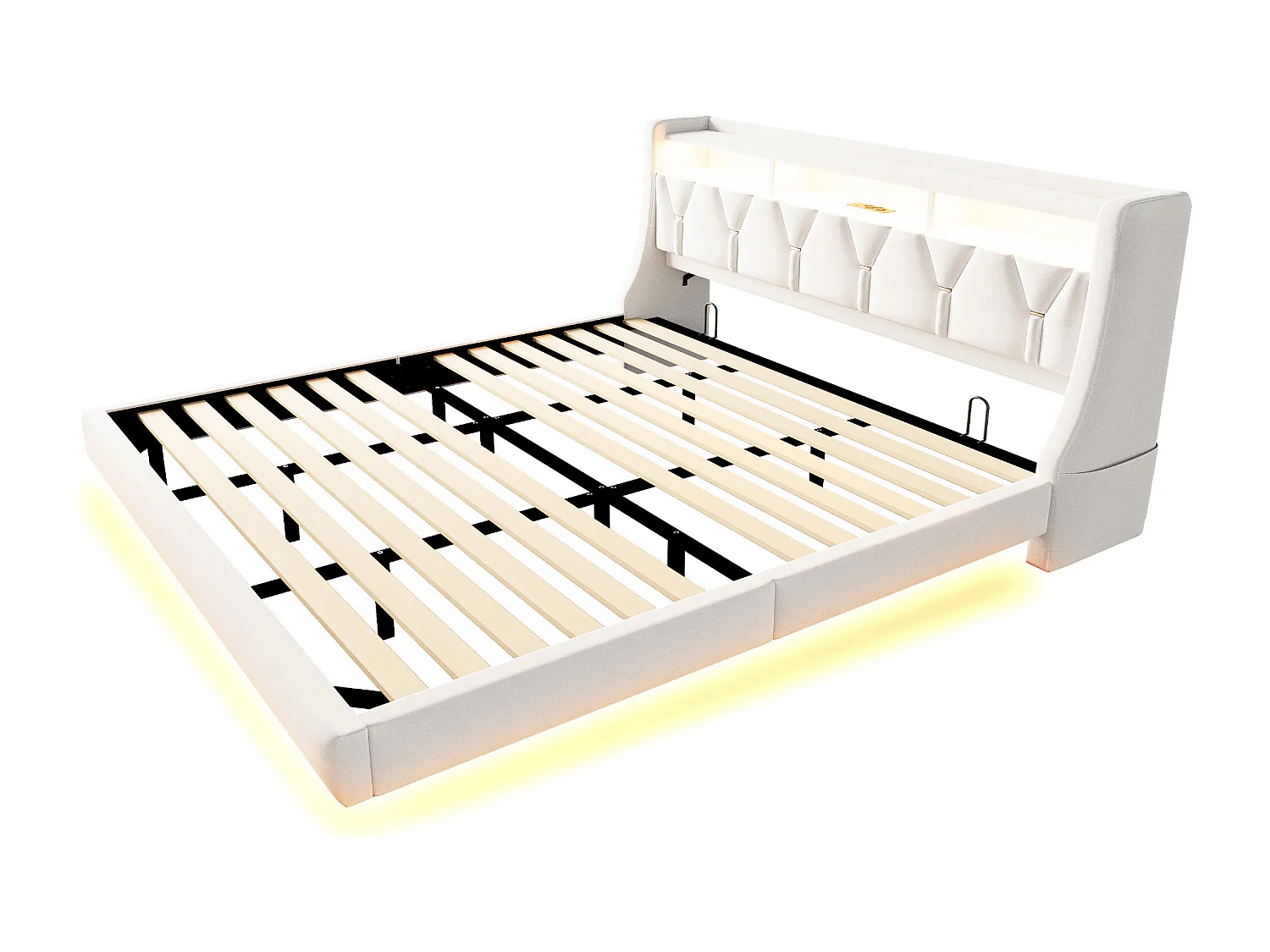 Gestoffeerd tweepersoonsbed - 180 x 200 cm - neerklapbaar gestoffeerd hoofdeinde met opbergruimte + LED-verlichting - MDF - beige