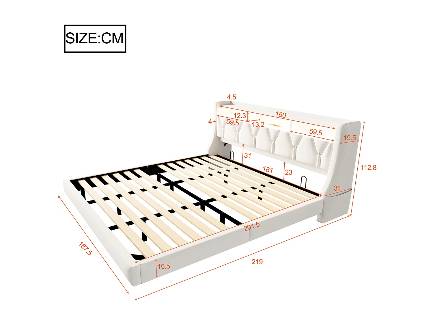 Gestoffeerd tweepersoonsbed - 180 x 200 cm - neerklapbaar gestoffeerd hoofdeinde met opbergruimte + LED-verlichting - MDF - beige