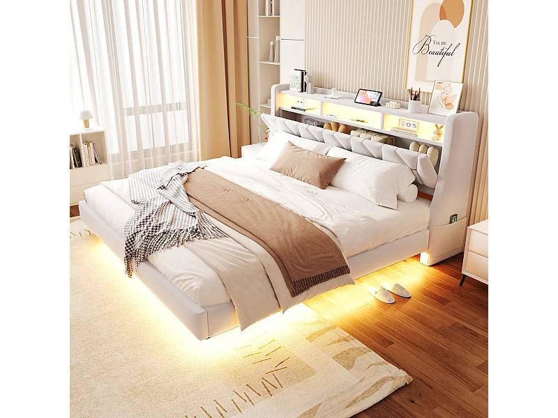 Lit rembourré double - 180 x 200 cm - tête de lit rembourrée rabattable avec rangement + Leds - MDF - beige