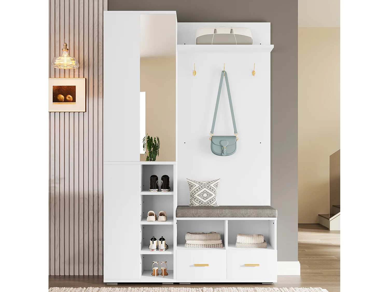 Kledingkast/kapstok - 120 x 35 x 190 cm - met schoenenbankje + 3 haken + spiegel + lades - spaanplaat - wit