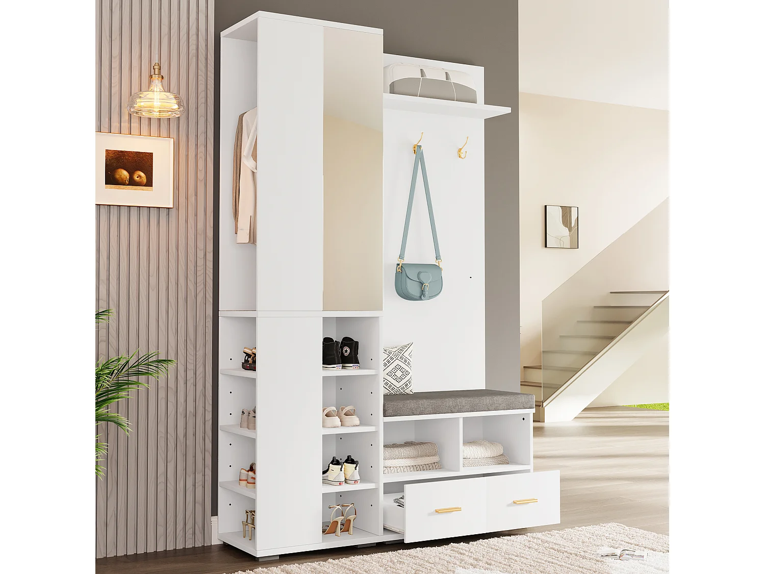 Kledingkast/kapstok - 120 x 35 x 190 cm - met schoenenbankje + 3 haken + spiegel + lades - spaanplaat - wit