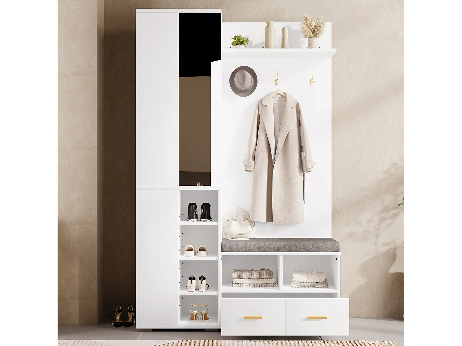 Kledingkast/kapstok - 120 x 35 x 190 cm - met schoenenbankje + 3 haken + spiegel + lades - spaanplaat - wit