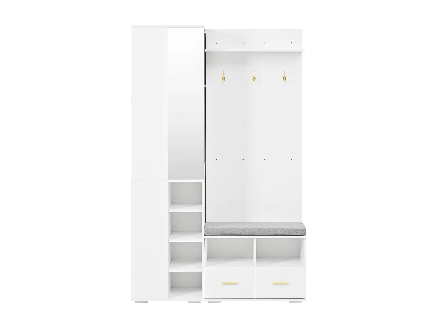 Kledingkast/kapstok - 120 x 35 x 190 cm - met schoenenbankje + 3 haken + spiegel + lades - spaanplaat - wit