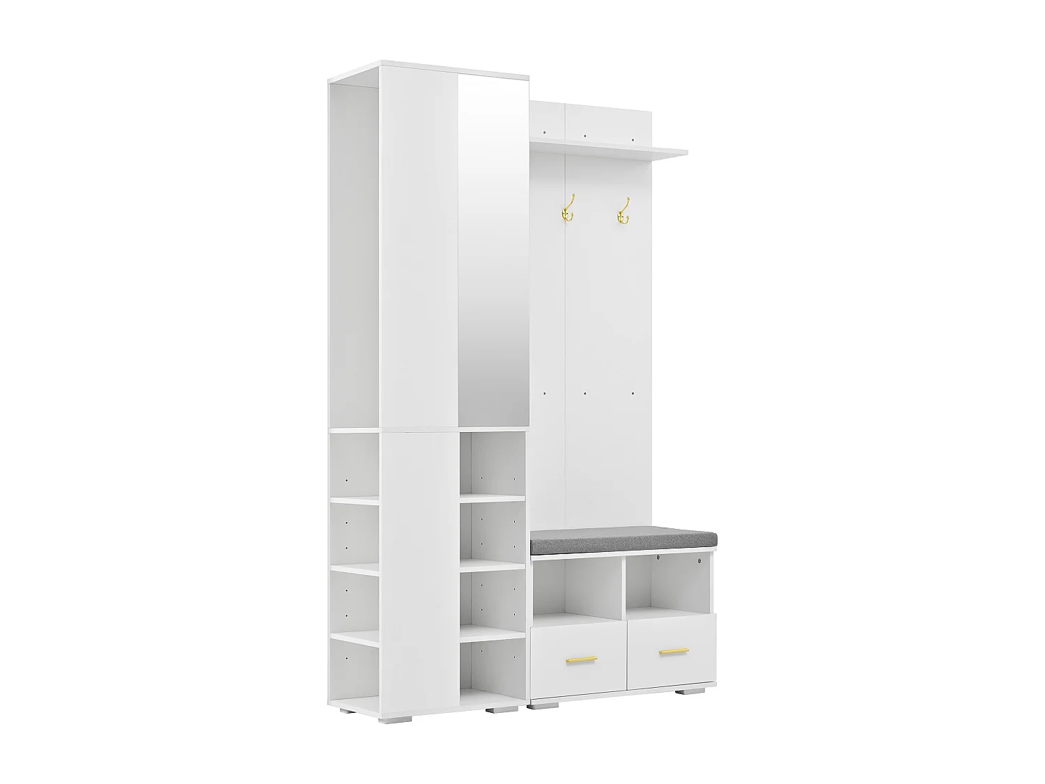 Kledingkast/kapstok - 120 x 35 x 190 cm - met schoenenbankje + 3 haken + spiegel + lades - spaanplaat - wit