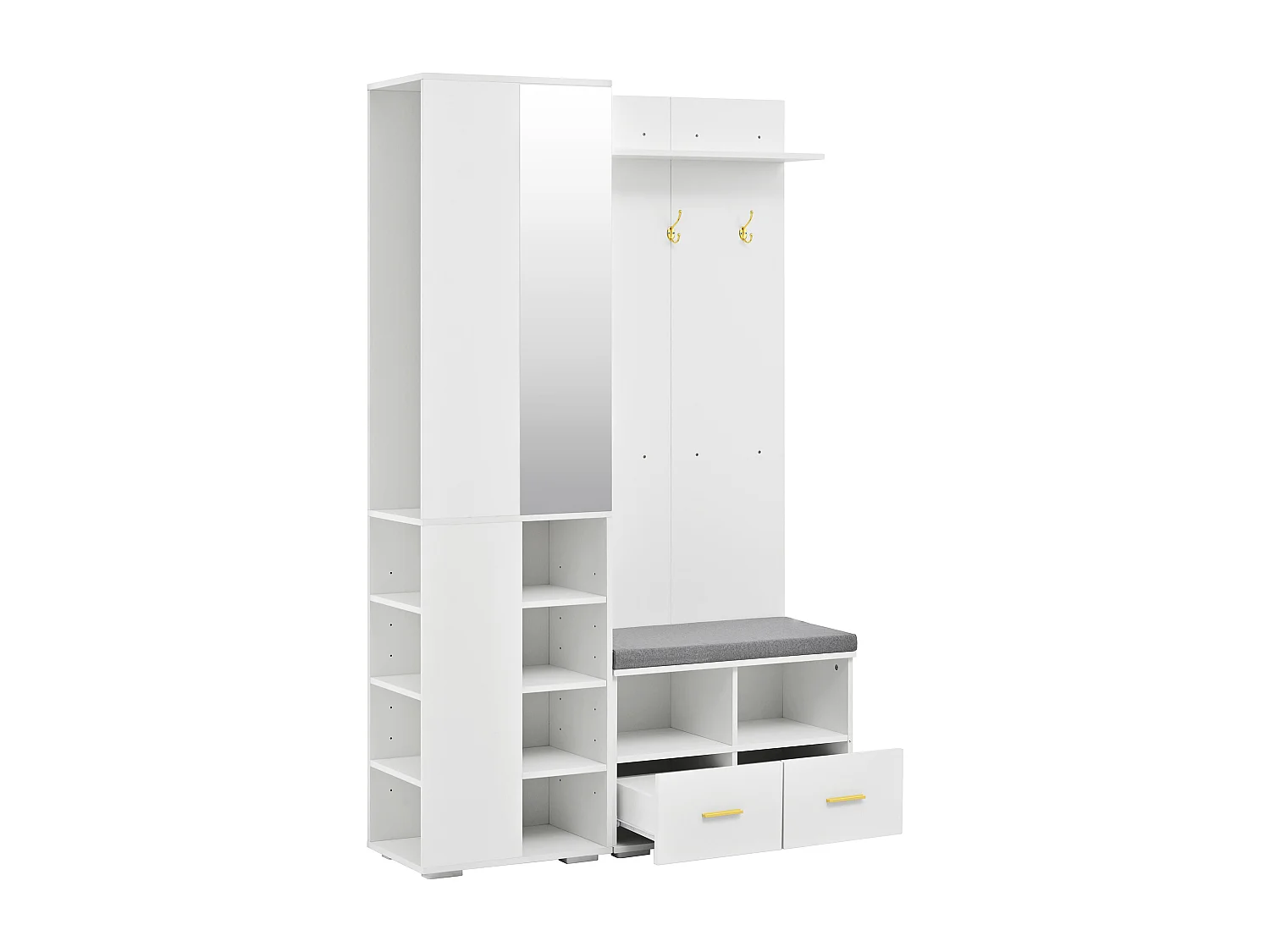 Kledingkast/kapstok - 120 x 35 x 190 cm - met schoenenbankje + 3 haken + spiegel + lades - spaanplaat - wit